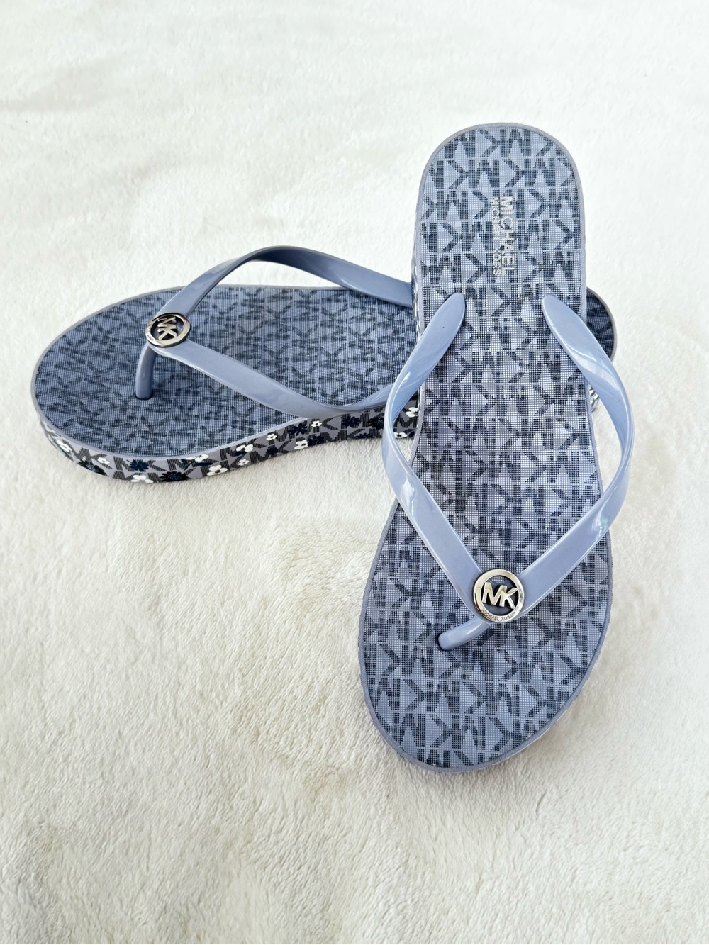 MICHAEL Michael Kors Wedge Flip Flops in Light Blue Floral Logo Print
